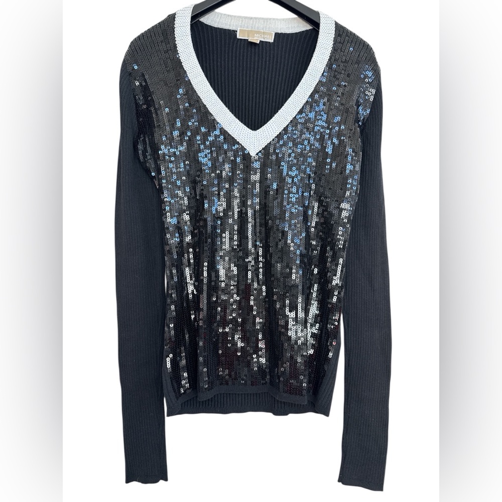 Michael Kors Women Black and White Sequin V Neck Long Sleeve Ribbed Knit Sweater
